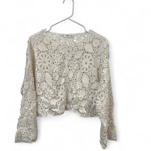 Mango White Floral cropped crochet sweater
